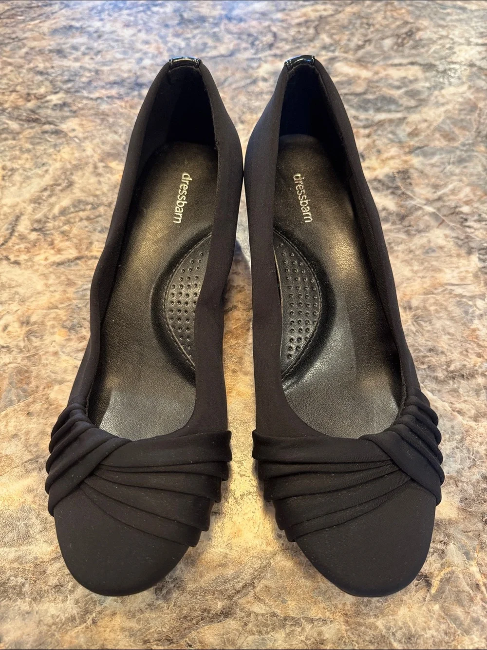 Black Ruched Rounded Toe Wedge Pumps